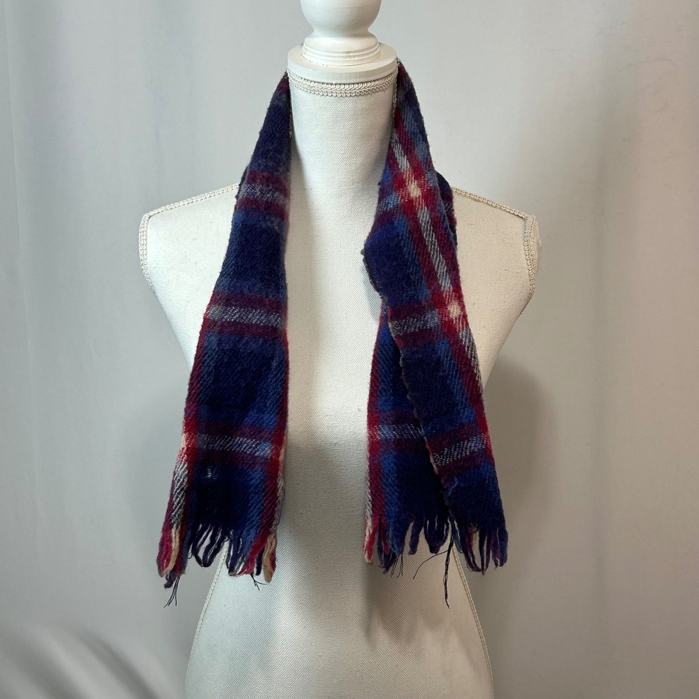 Mens Plaid Scarf Wool‎ Blend Navy Blue Red Fringe Winter Warm Accessory